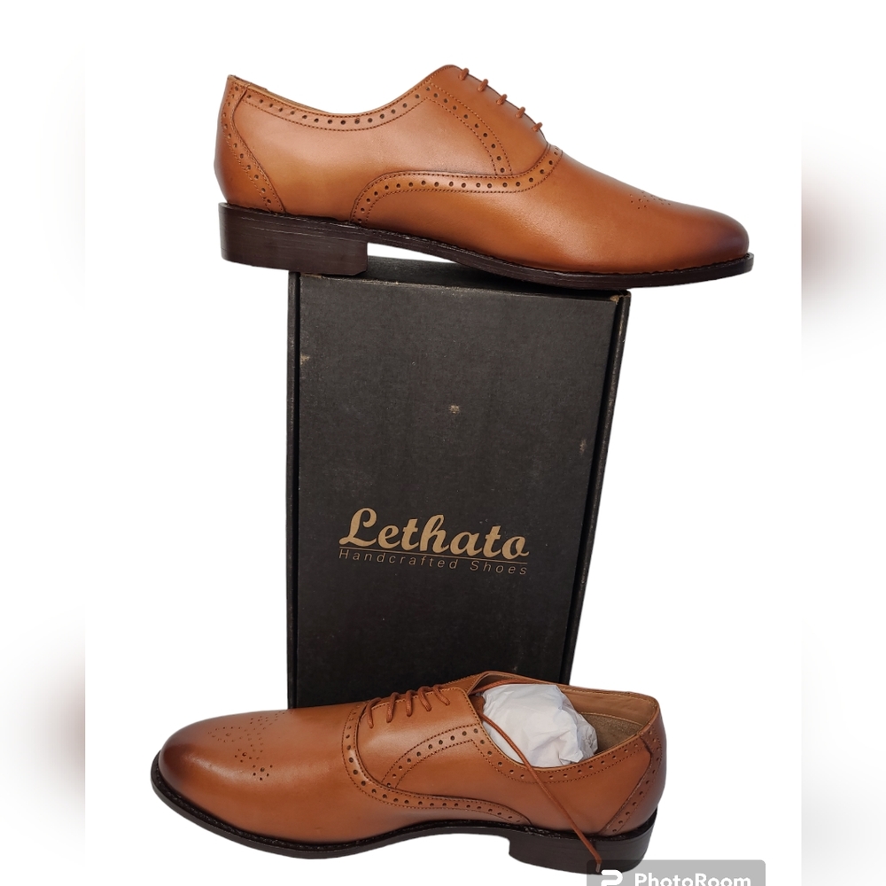 Lethato Handmade Brogue Oxford Goodyear Genuine Leather Lace Up Dress Shoes Tan